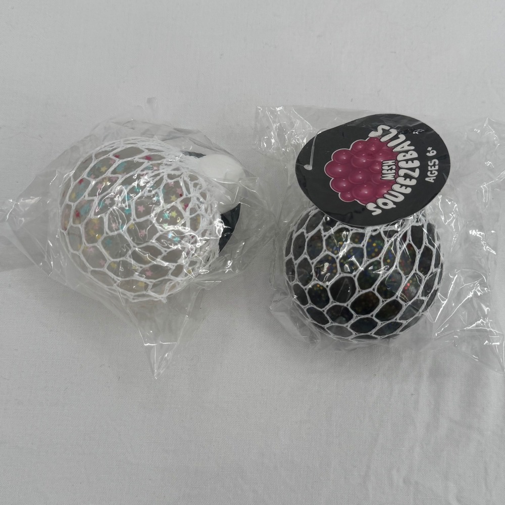 (2) Mesh Squeezeballs Fidget Set Stress Relief Sensory Toys Squish Glitter Stars
